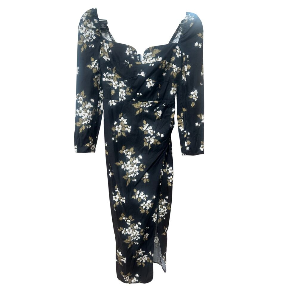 Reformation Ledell Midi Dress Judith Black Floral Organic Cotton Slit Size 2 - Picture 2 of 7